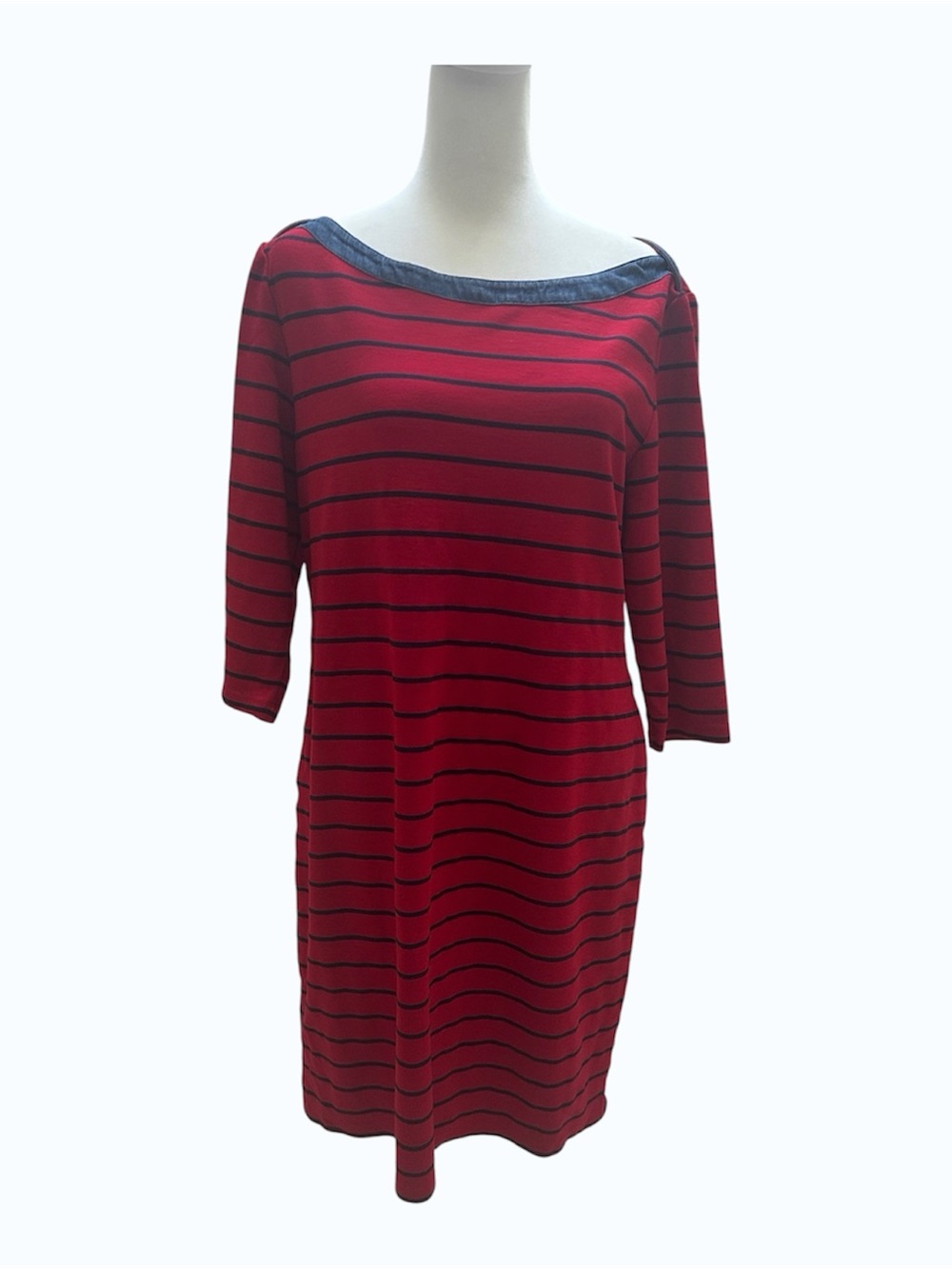 Tommy Hilfiger Red and Navy Striped Boatneck Knee Length Dress